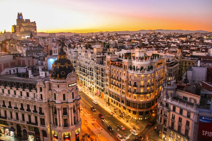 Aerial view of Madrid's Gran Via at sunset with the Metropolis Building in the foreground